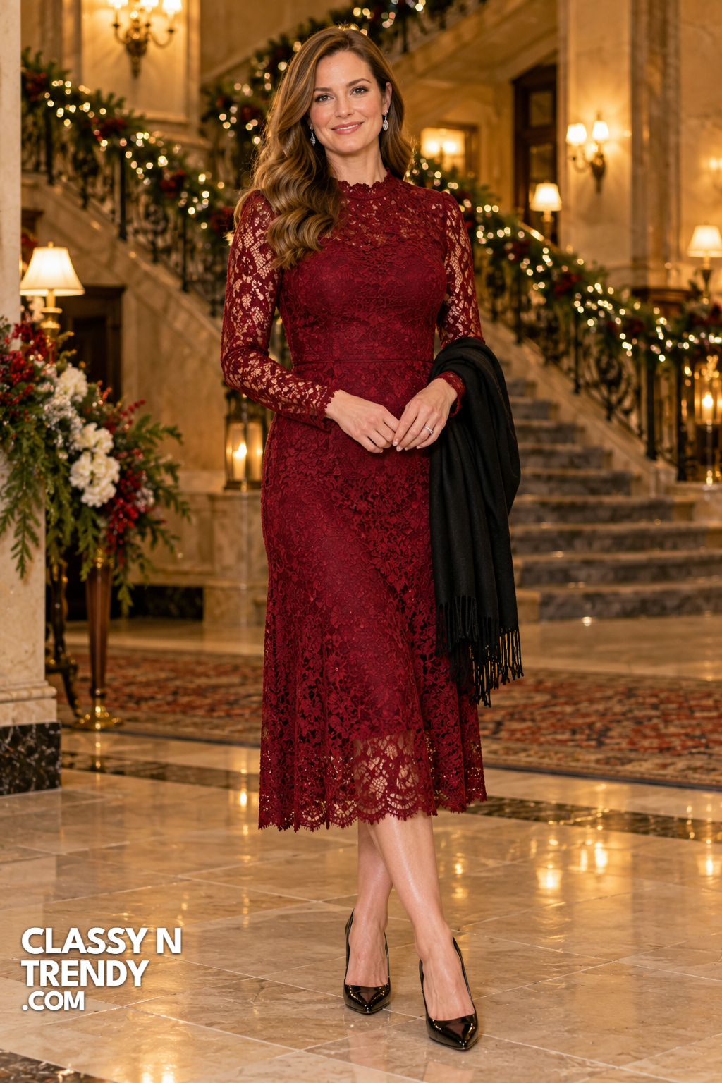 9. Deep Red Lace Midi With a Wool Shawl