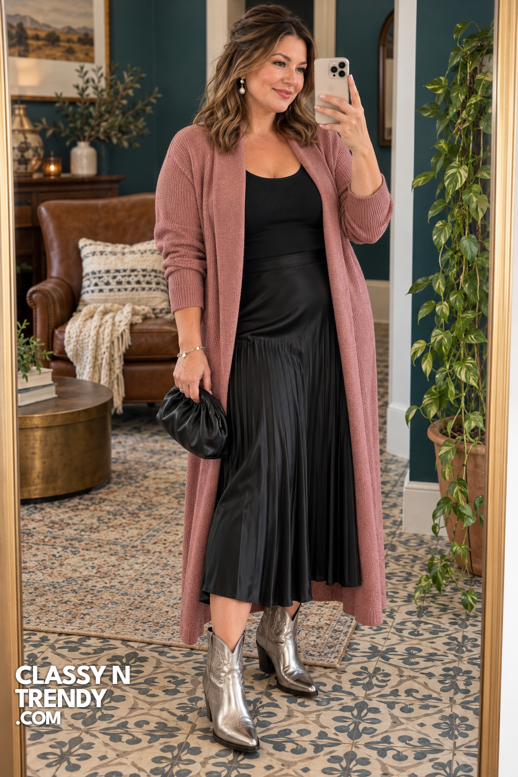 9. Dusty-Rose Duster and Satin Skirt