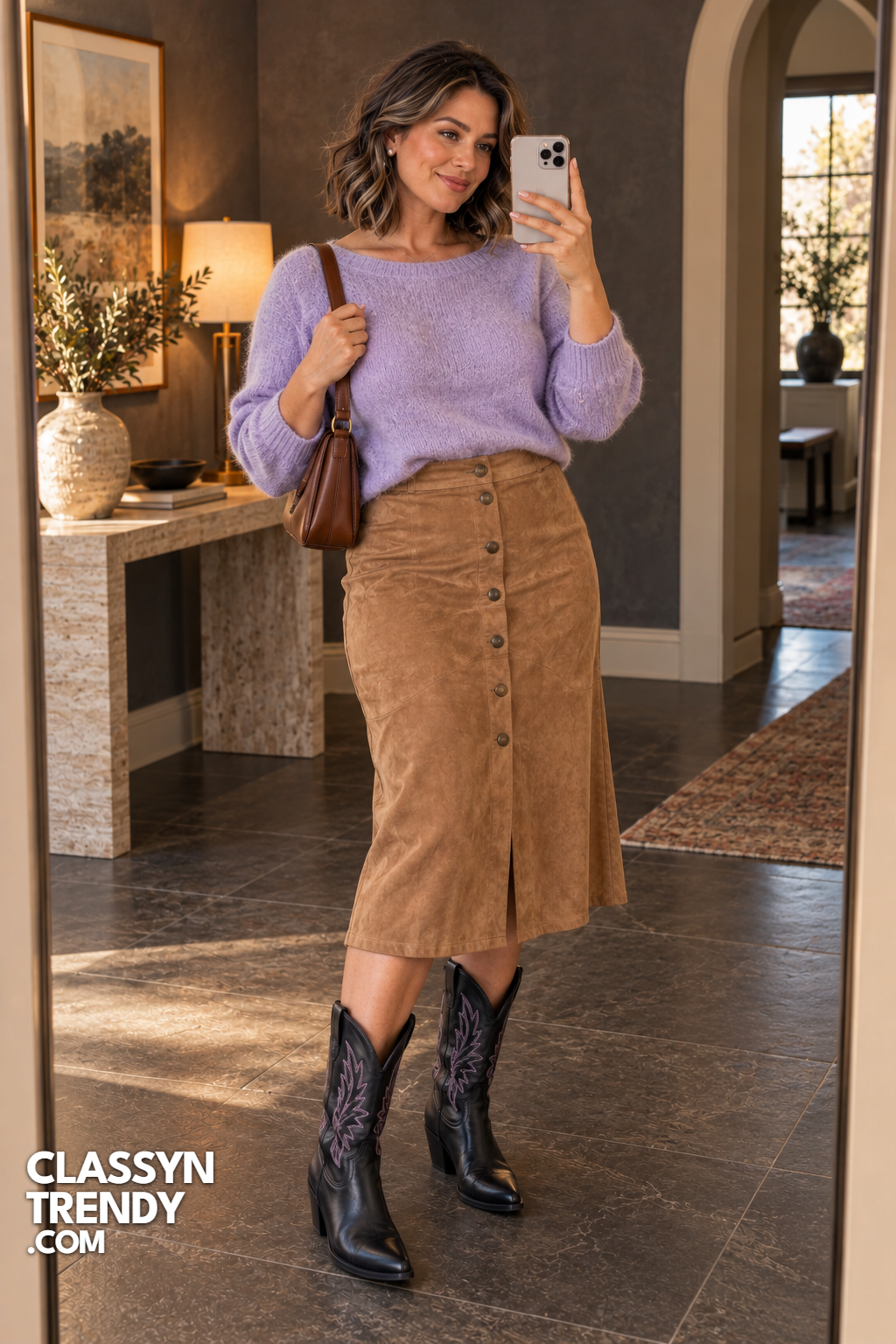9. Lavender Sweater and Suede Skirt
