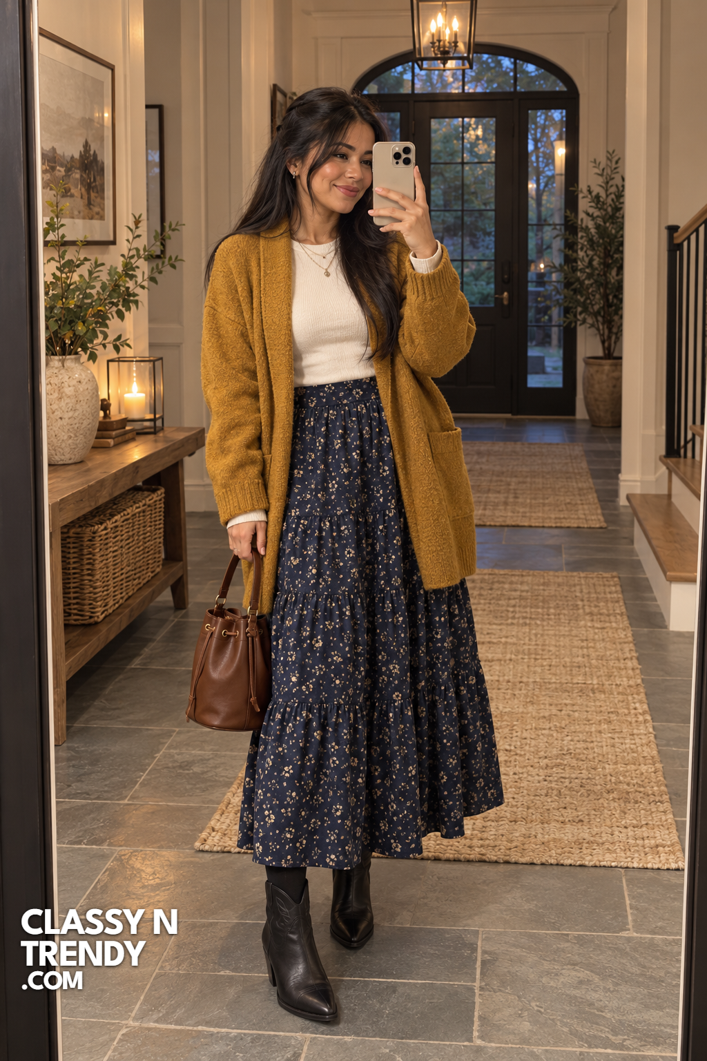 9. Mustard Cardigan and Prairie Skirt