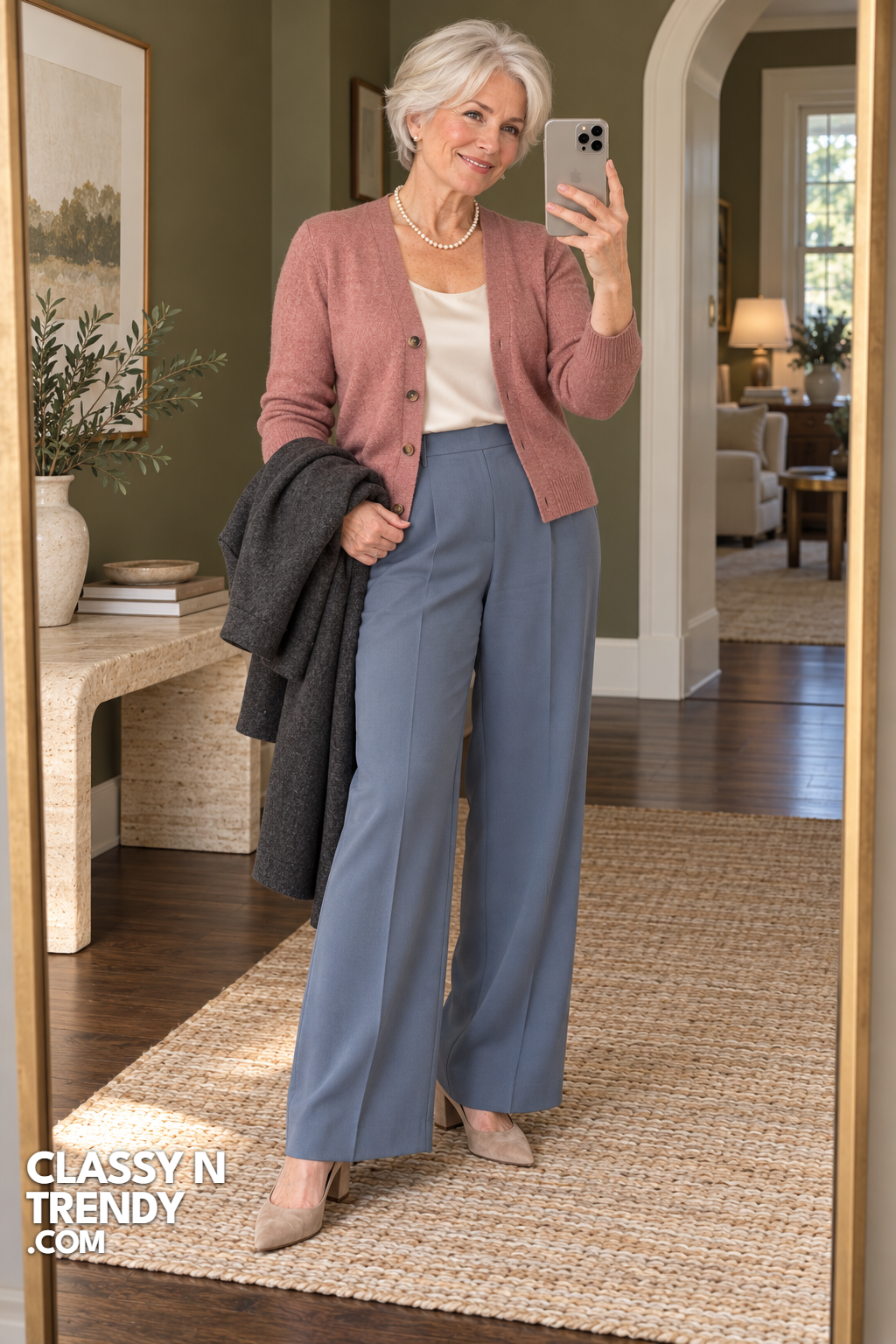 9. Rose Cardigan and Slate Trousers