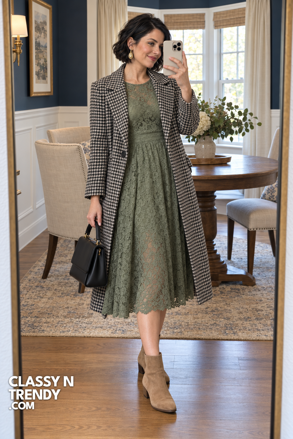 9. Sage Lace Dress with Houndstooth Coat