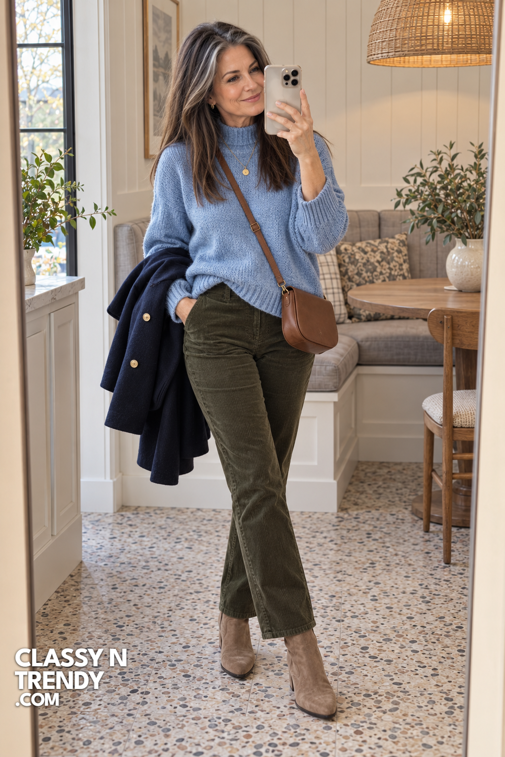 9. Soft Blue Sweater and Olive Cords